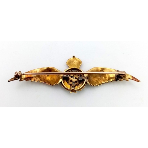 722 - VINTAGE 14K YELLOW GOLD DIAMOND & ENAMELLED RAF BROOCH 6.1G WEIGHT, 5.5CM LENGTH APPROX