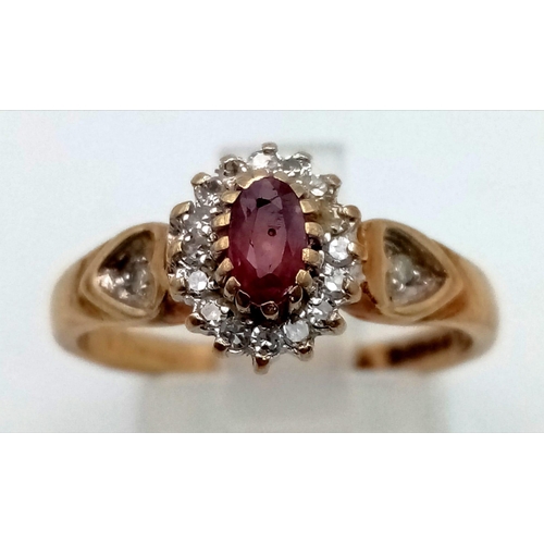 803 - 9K Yellow gold vintage DIAMOND & RUBY CLUSTER RING, weight 2.6G SIZE P