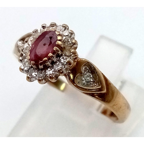 803 - 9K Yellow gold vintage DIAMOND & RUBY CLUSTER RING, weight 2.6G SIZE P