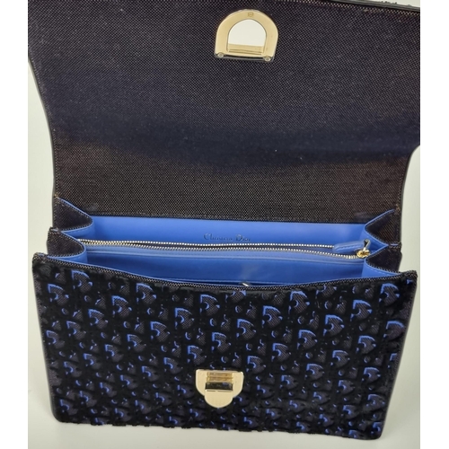 150 - A Christian Dior Diorama Flap Bag with Blue Oblique Velvet Exterior. Gilded hardware. Blue leather i... 