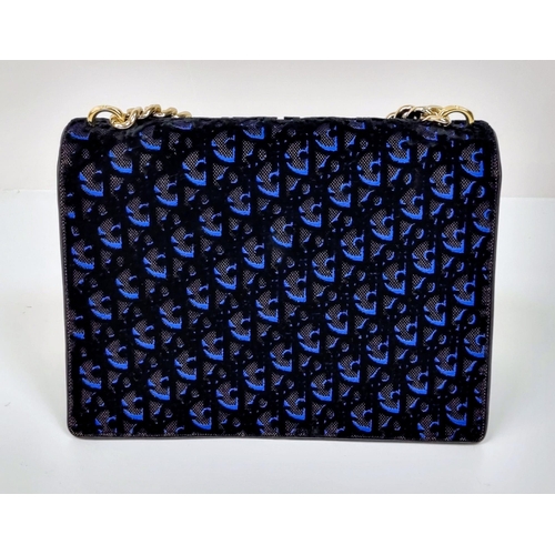 150 - A Christian Dior Diorama Flap Bag with Blue Oblique Velvet Exterior. Gilded hardware. Blue leather i... 