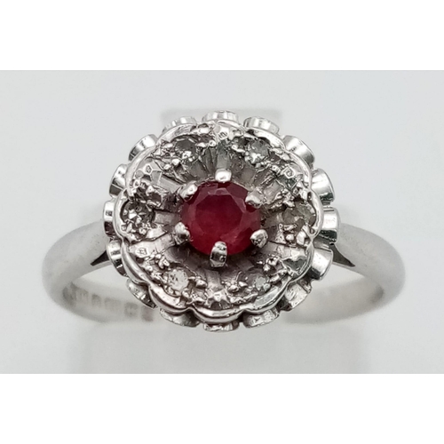 733 - An 18 K white gold ring with a central round ruby surrounded by diamonds. Size: J, weight: 2.9 g.