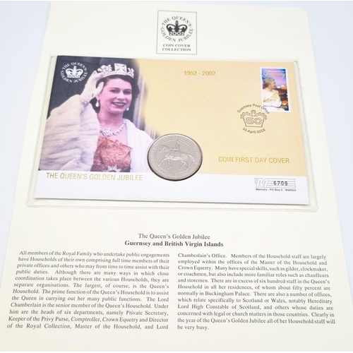 1225 - The Queens Golden Jubilee 1952-2002 Guernsey and BVI First Day Cover and ~silver £1 Coin Set in Mint... 