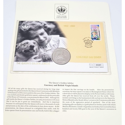 1202 - The Queens Golden Jubilee Guernsey and BVI First Day Cover and ~silver £1 Coin Set in Mint Condition