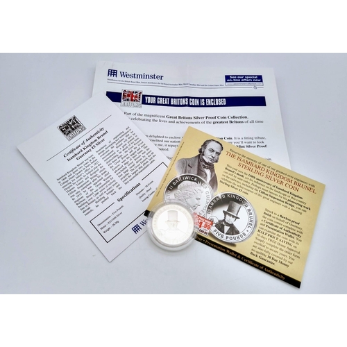 1218 - Isambard Kingdom Brunel Sterling Silver £5 Coin Mint Condition in Capsule with Certificate of Authen... 