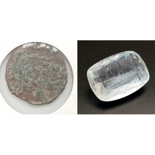 1206 - A Beautiful 17.25ct Natural Earth Mined Aquamarine and a Ancient Unidentified Coin, Almost 1800+ yea... 