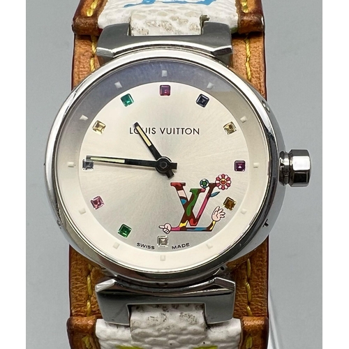 267 - A fashionable LOUIS VUITTON ladies watch. Stainless steel 28 mm case, with coloured Logo on face and... 