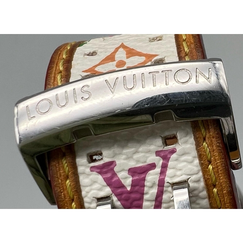 267 - A fashionable LOUIS VUITTON ladies watch. Stainless steel 28 mm case, with coloured Logo on face and... 