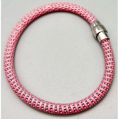 873 - STERLING SILVER WITH PINK MATERIAL MAGNETIC CLASP BRACELET 17CM LENGTH