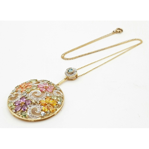 243 - A Stunningly Beautiful Vintage 9K Yellow Gold Multi-Gemstone Pendant. A  kaleidoscope of colours inc... 