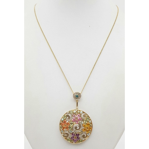 243 - A Stunningly Beautiful Vintage 9K Yellow Gold Multi-Gemstone Pendant. A  kaleidoscope of colours inc... 