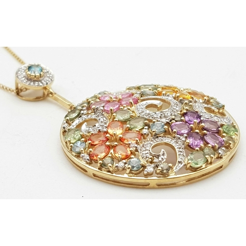 243 - A Stunningly Beautiful Vintage 9K Yellow Gold Multi-Gemstone Pendant. A  kaleidoscope of colours inc... 