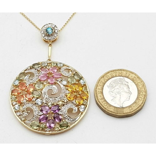 243 - A Stunningly Beautiful Vintage 9K Yellow Gold Multi-Gemstone Pendant. A  kaleidoscope of colours inc... 