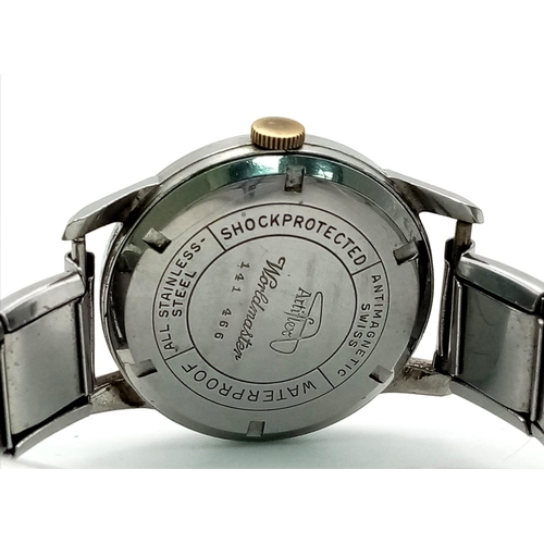 1050 - A Rare Vintage Atlantic Super Worldmaster Mechanical Watch. Expandable stainless steel strap. Case -... 