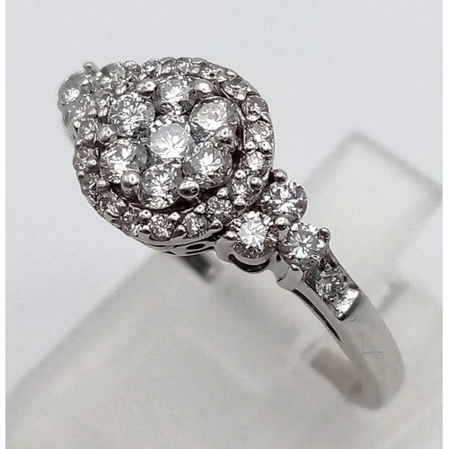 304 - 18ct White Gold Diamond Ring, Halo Design, 0.75ct Diamonds, Ring Size P, Total Weight 4.14 grams