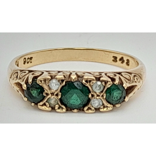 358 - 9K YELLOW GOLD VINTAGE GREEN AND WHITE STONE RING 2.9G SIZE O