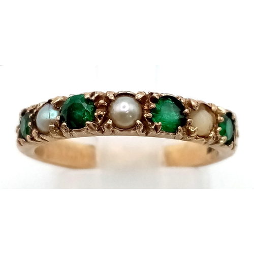 365 - 9K YELLOW GOLD VINTAGE PEARL & TSAVORITE 7 STONE RING 2.4G SIZE M