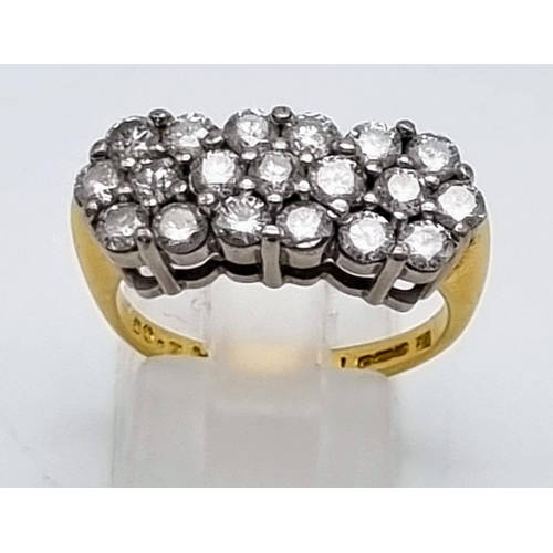 4 - An 18K Yellow Gold Three-Row Diamond Ring. 2ct of brilliant round cut diamonds. Size O 1/2. 6.41g to... 