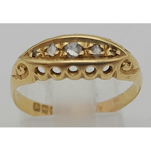 993 - Original Victorian 18ct Yellow Gold Boat Style Diamond Ring, Old Cut diamonds, Ring Size Q. Total We... 