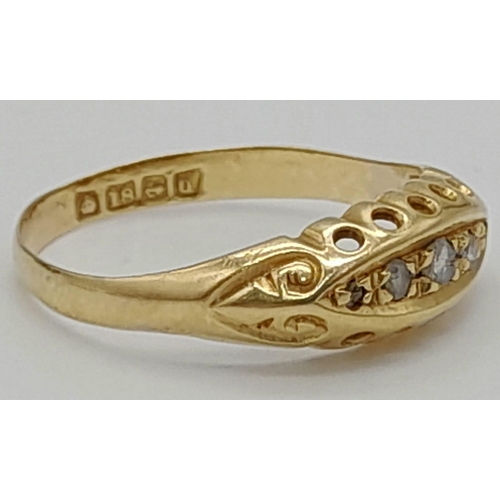 993 - Original Victorian 18ct Yellow Gold Boat Style Diamond Ring, Old Cut diamonds, Ring Size Q. Total We... 