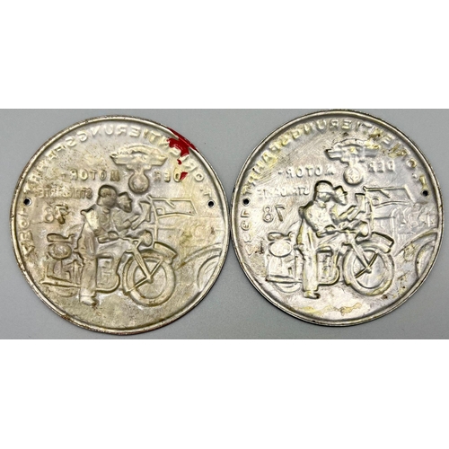 169 - Two Third Reich 1937 Rally Participant Plaques. Blue for motorcycle and red for motorcar. 7cm diamet... 