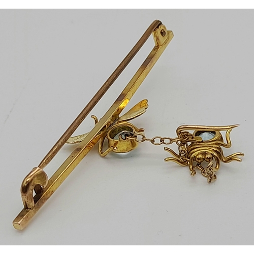 254 - An Antique Victorian 9K Gold Spider Catching A Fly Bar Brooch. A wonderful, rare, original piece wit... 