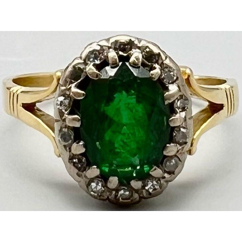 58 - 18K YELLOW GOLD VINTAGE DIAMOND & GREEN STONE CLUSTER RING 5.4G SIZE T