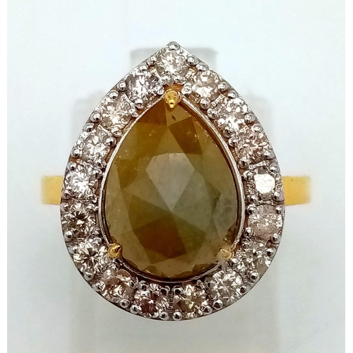 79 - A 14K Gold 4ct Pear-Cut Yellow Diamond Ring - with a 0.77ct diamond accent surround. Size M. 3.56g t... 