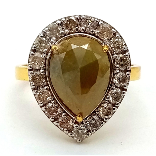 79 - A 14K Gold 4ct Pear-Cut Yellow Diamond Ring - with a 0.77ct diamond accent surround. Size M. 3.56g t... 