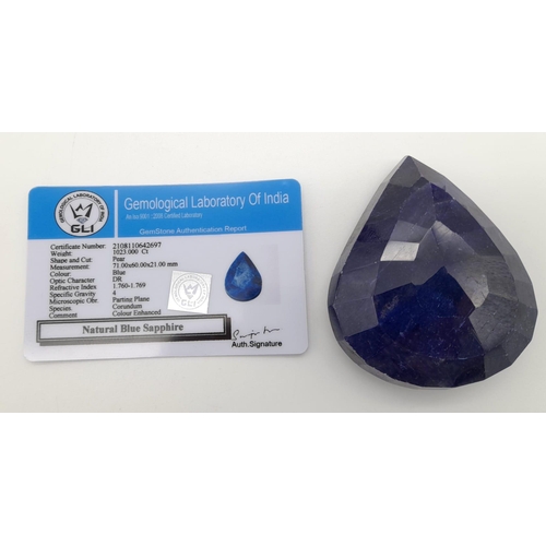 861 - A 1023ct Huge Teardrop-Shaped Blue Sapphire. GLI Certified. 204g