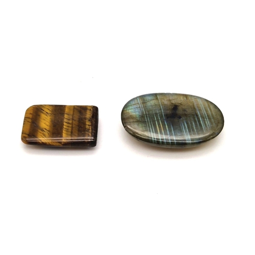 476 - Lot of 2 Gemstones - 46.50 Ct Cabochon Labradorite & 24.64 Ct Cabochon Tiger Eye, Oval & Square Shap... 