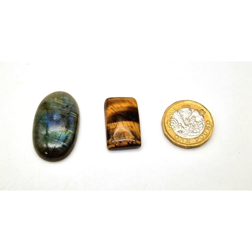 476 - Lot of 2 Gemstones - 46.50 Ct Cabochon Labradorite & 24.64 Ct Cabochon Tiger Eye, Oval & Square Shap... 