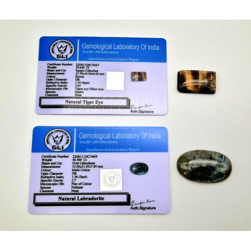 476 - Lot of 2 Gemstones - 46.50 Ct Cabochon Labradorite & 24.64 Ct Cabochon Tiger Eye, Oval & Square Shap... 