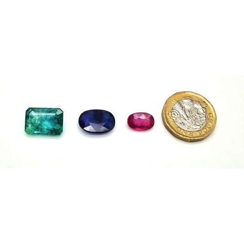 462 - Lot of 3 Gemstones - 8.65 Ct Natural Emerald, 8.12 Ct Natural Blue Sapphire & 4.50 Ct Ruby, Rectangu... 