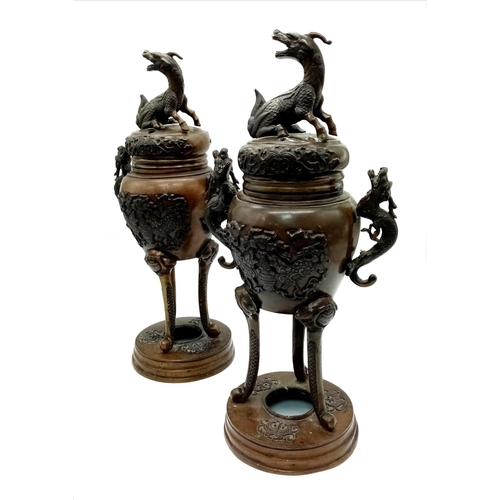 141 - A Large Pair of Antique Chinese Qing Dynasty Bronze Censor/Incense Burners - With Foo Dog Finials an... 