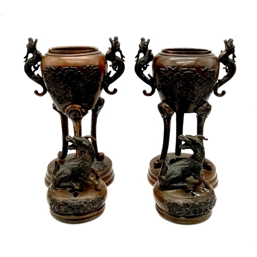 141 - A Large Pair of Antique Chinese Qing Dynasty Bronze Censor/Incense Burners - With Foo Dog Finials an... 