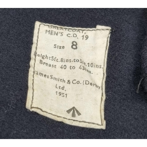 308 - A Very Heavy Navy Blue Vintage Home Front Military Defence Coat. Made by Smith and Co of Derby 1951.... 