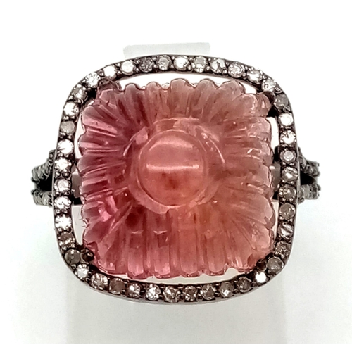 177 - A Tourmaline and Diamond 925 Silver Ring. Diamond weight 0.37ct, Tourmaline - 5.6ct. Size N 1/2. 6g ... 