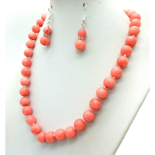 433 - A Pink Rhodochrosite Beaded Necklace, Bracelet and Earring Set. Beads - 8mm. Necklace - 42cm, bracel... 