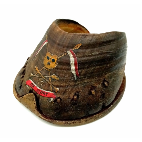 372 - A Victorian Horse’s Hoof with a memorial painted Cap badge of the 17th Lancers. It was customary at ... 