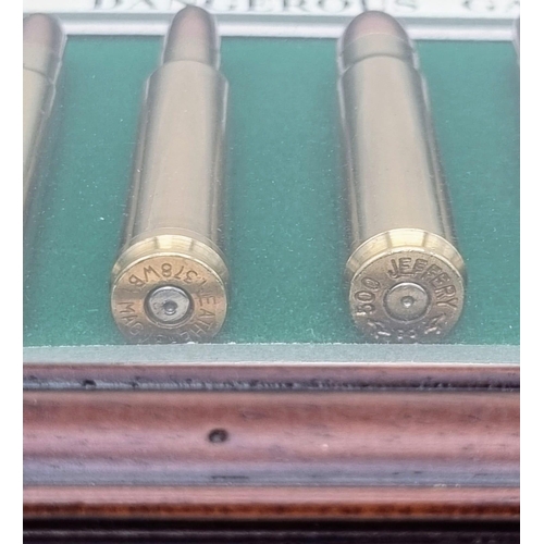 45 - The Dangerous Game Bullet Display Case! Includes large calibre rounds from a: H and H Magnum x 2, Re... 