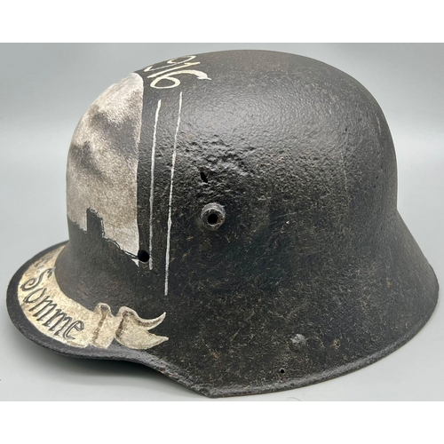 161 - WW1 Somme Found German 1916 Model Stahlhelm Helmet. With post war painted memorial.