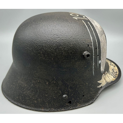 161 - WW1 Somme Found German 1916 Model Stahlhelm Helmet. With post war painted memorial.