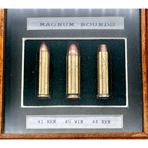 226 - A Magnum Bullet Display Case - 41, 44 and 45 calibre.
In frame - 15 x 15cm. All rounds are INERT.