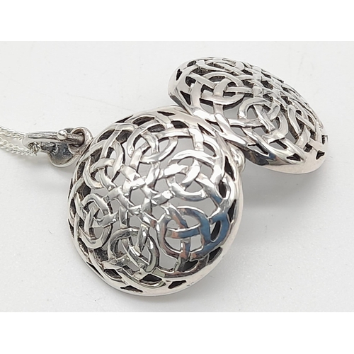 468 - Vintage Sterling Silver Celtic Style Round Filigree Locket Pendant Necklace 40cm Chain 12 grams weig... 