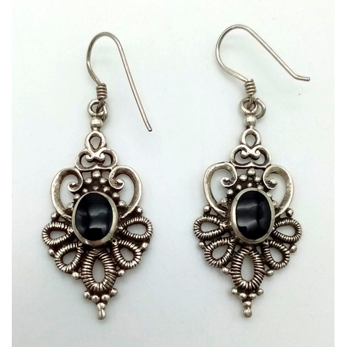 475 - Vintage Sterling Silver and Onyx Filigree Design Art Deco Earrings 4cm Drop