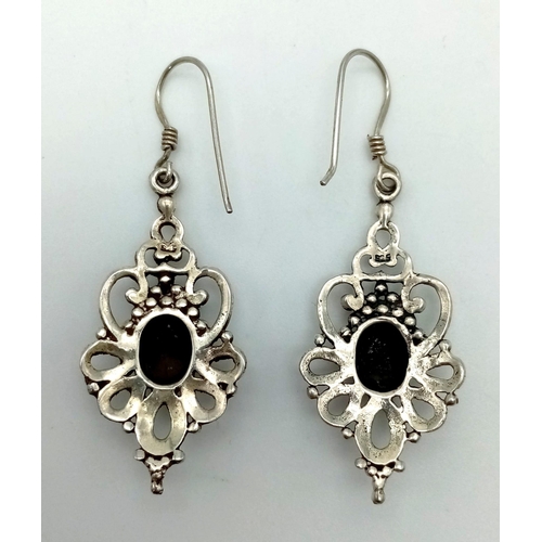 475 - Vintage Sterling Silver and Onyx Filigree Design Art Deco Earrings 4cm Drop