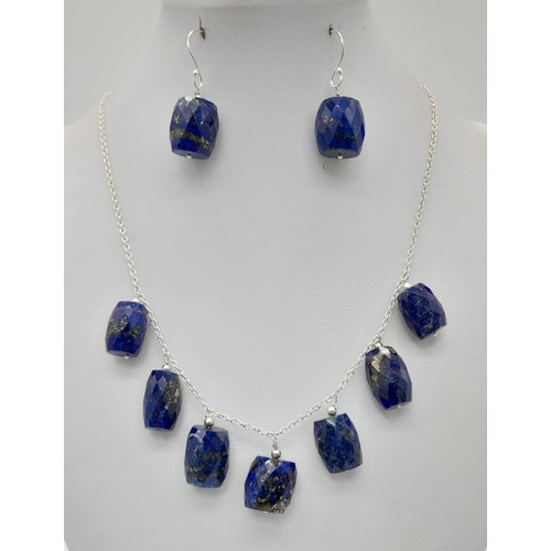 816 - A 220ct Lapis Lazuli Necklace with a Matching Pair of Barrel Earrings set in 925 Silver. 42cm - neck... 