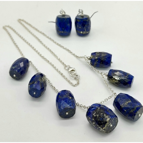 816 - A 220ct Lapis Lazuli Necklace with a Matching Pair of Barrel Earrings set in 925 Silver. 42cm - neck... 