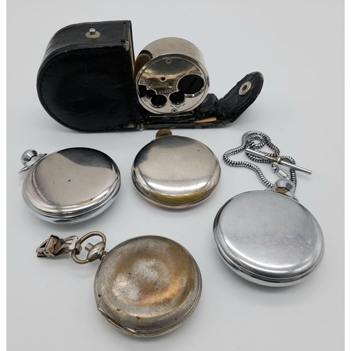 459 - Four Vintage White Metal Pocket Watches and a Stopwatch. A/F.